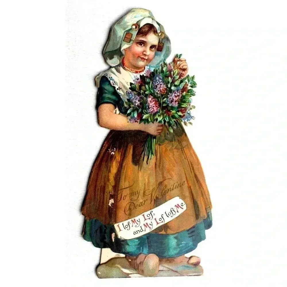 Valentine Antique 1907 Victorian Standing Girl W/ Flowers Valentines Day Card